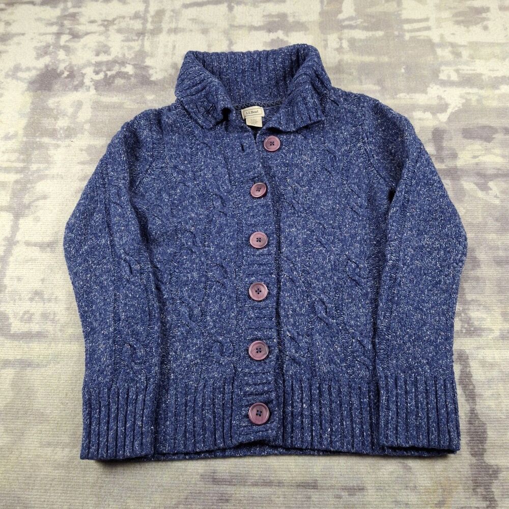LL Bean Cardigan Sweater Womens M Blue Cable Knit Button Shawl Collar Wool OJSM7
